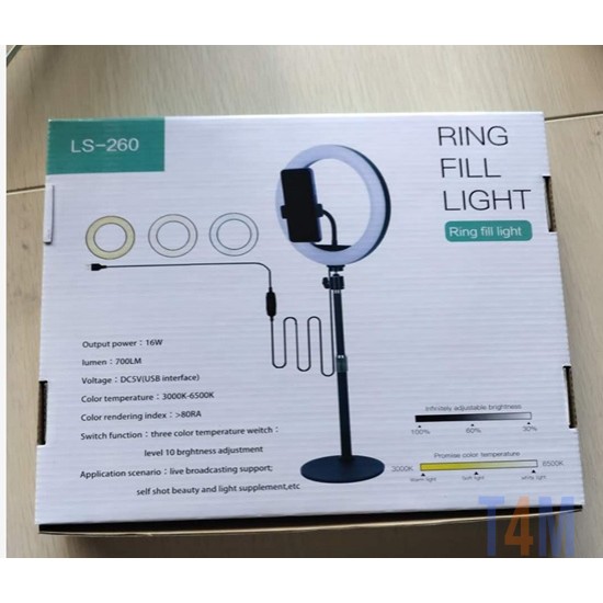 RING LIGHT LS-260-6 10.0" CON SOPORTE PARA TELÉFONO Y SOPORTE REGULABLE AJUSTE DE LUZ DE 3 COLORES NEGRO